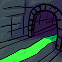 A dungeon with an arched opening and neon green sludge river passing through